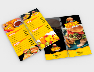 Cardápio Espiral com 4 Páginas em PVC 0,76mm Fosco Frente e Verso 13,7x29,4cm - 4x4 - 25 unid